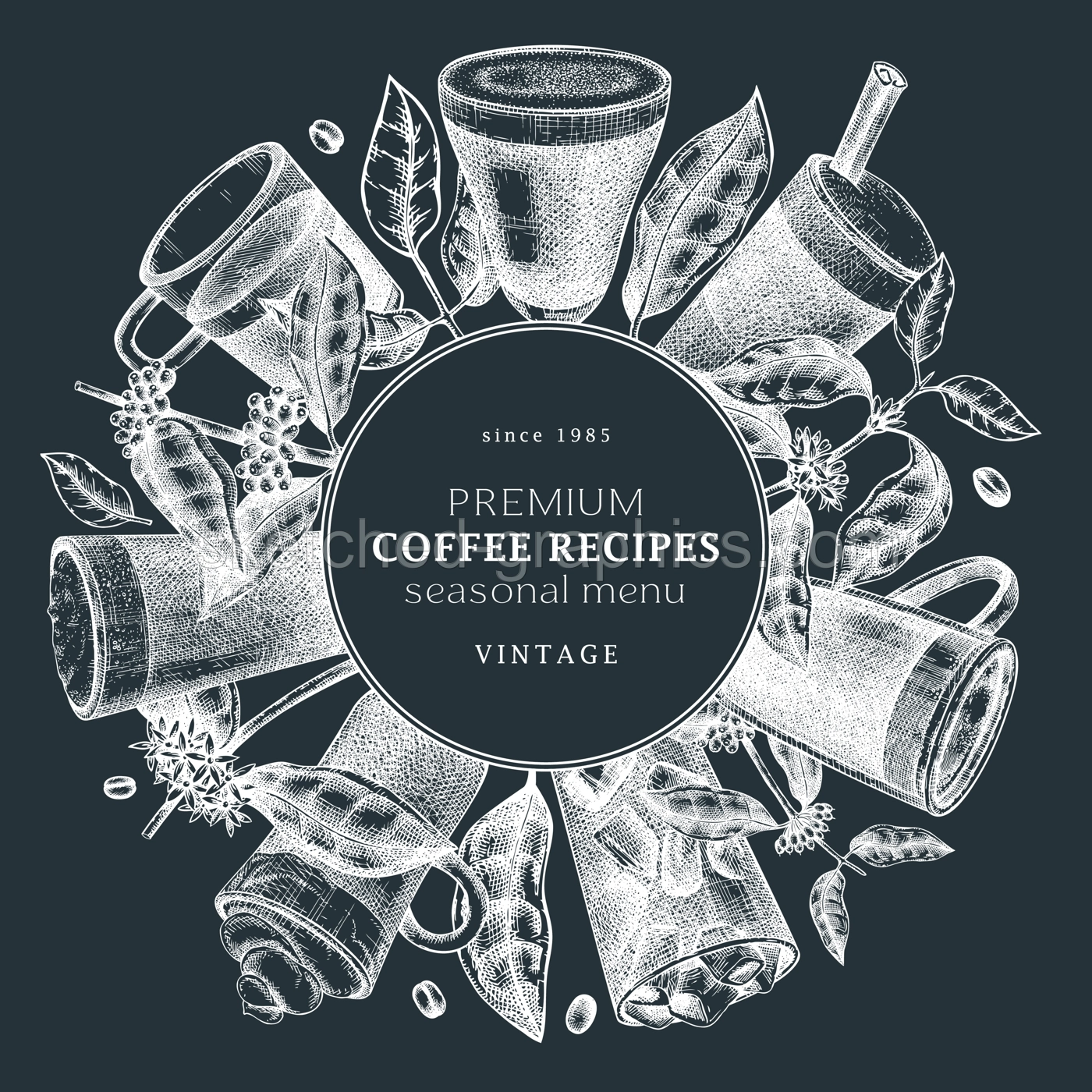 Hand-sketched coffee wreath design on chalkboard. Vector sketches of mugs with aromatic caffeine drinks. With coffee plants, leaves and beans in vintage style. Vector beverages template Illustration